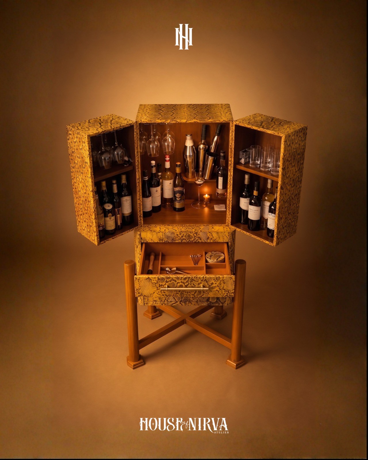 Open snakeskin-finished bar cabinet with bottles and glassware