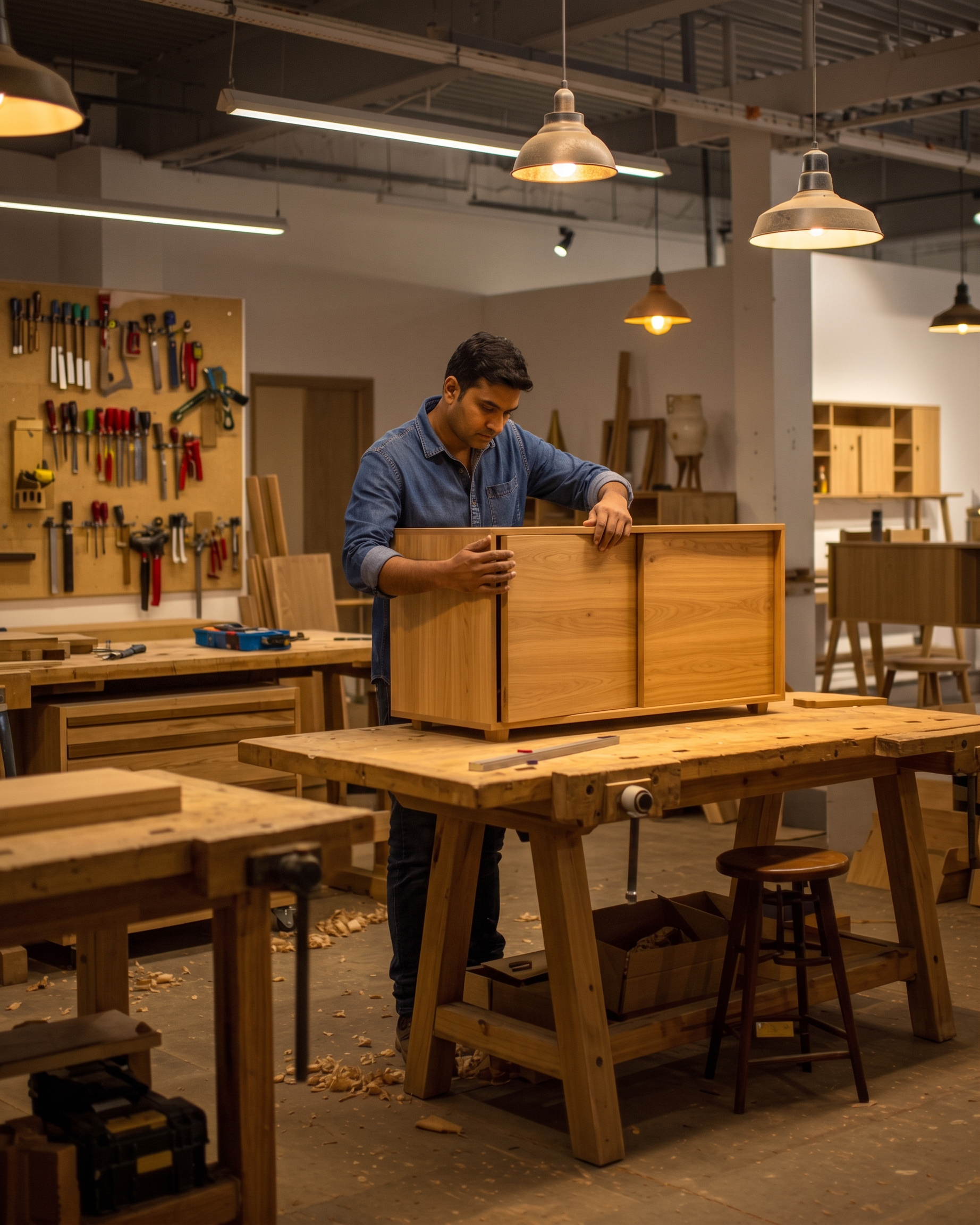 Craftsperson building a wooden cabinet in the workshop