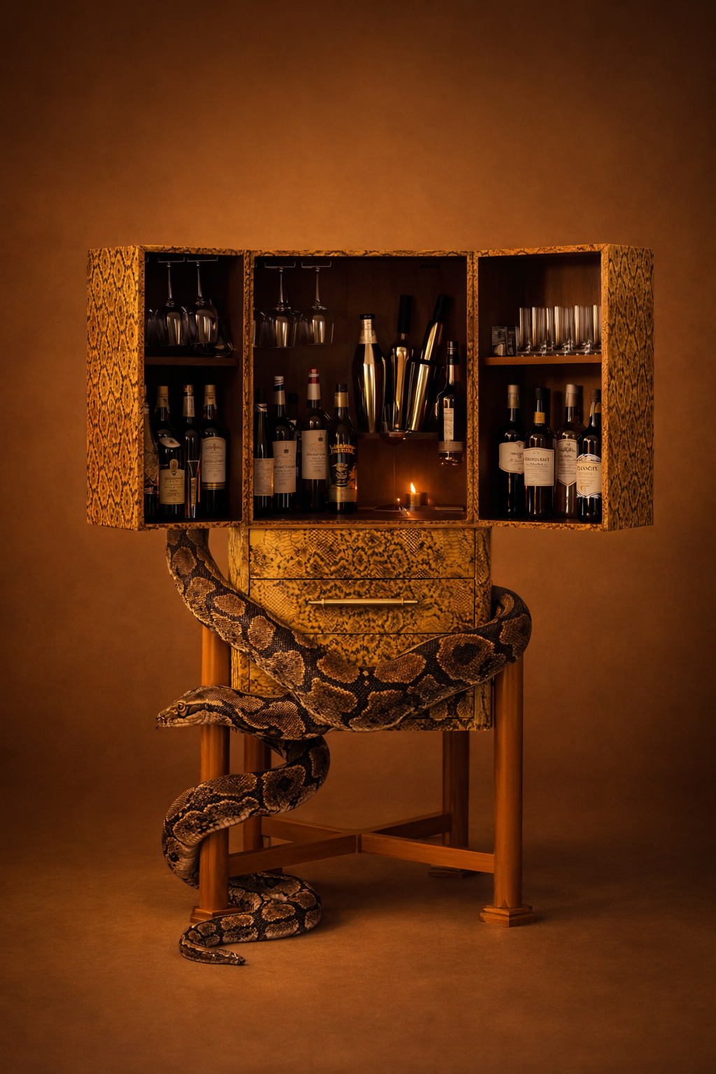 A sculptural drinks cabinet wrapped by a snake