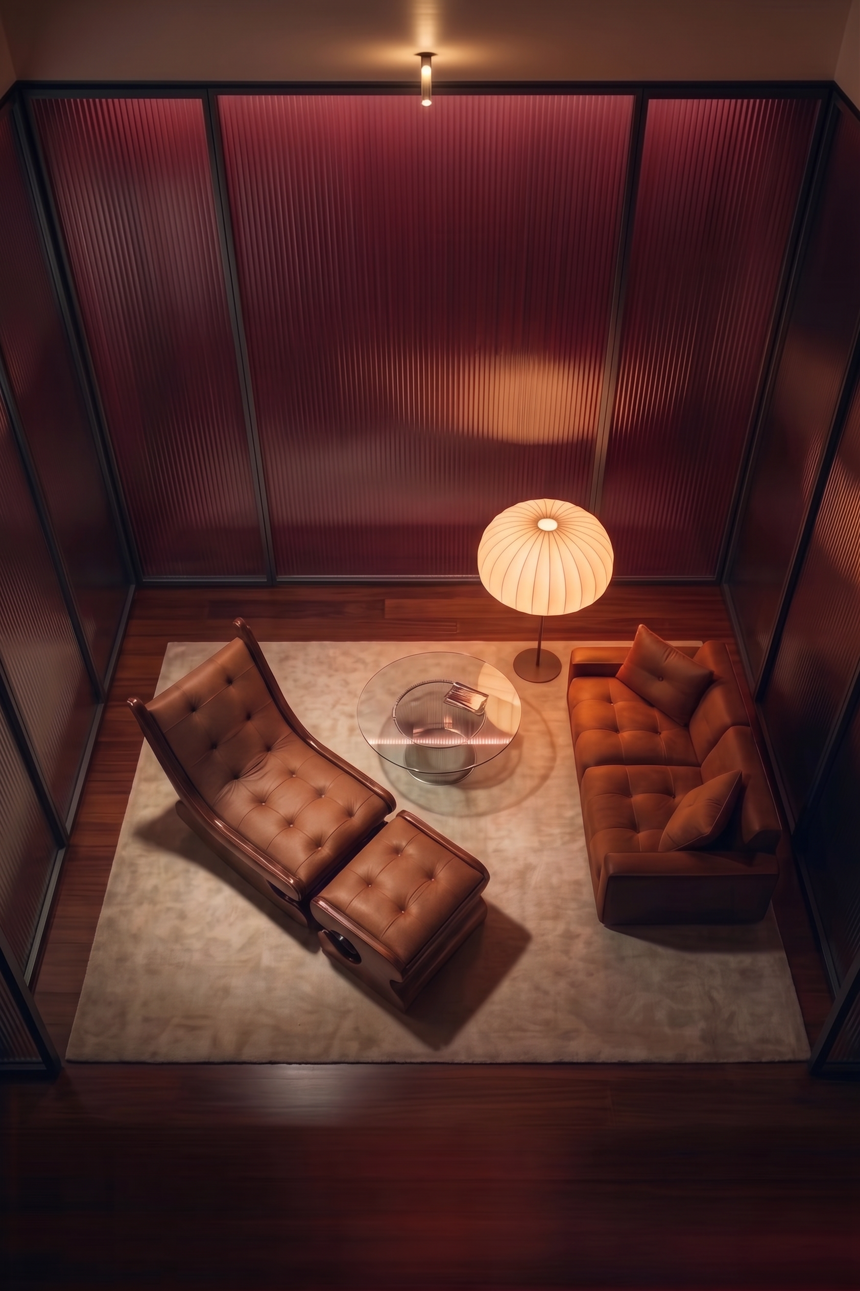 A warm modern interior viewed from above