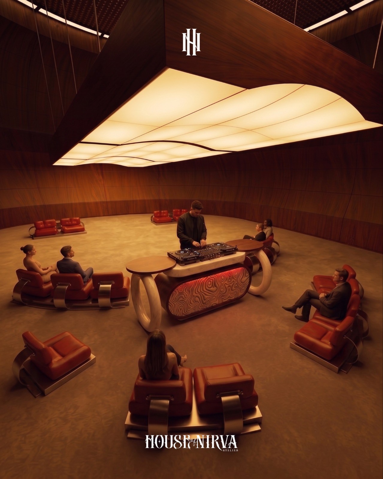 DJ console table in a curved timber listening room