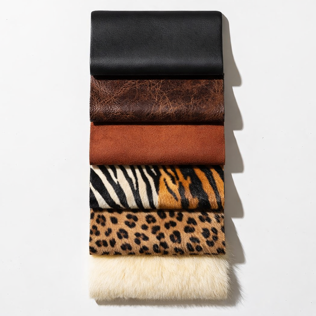 A stack of leather and animal-pattern material samples
