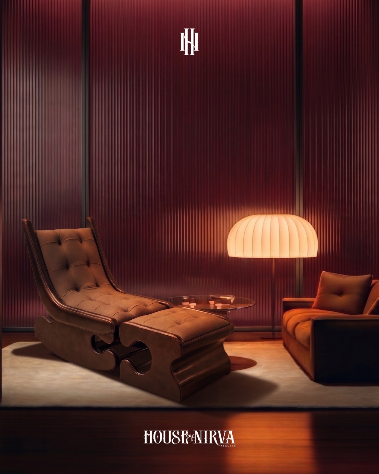 Sculptural leather rocking chair in a warm interior
